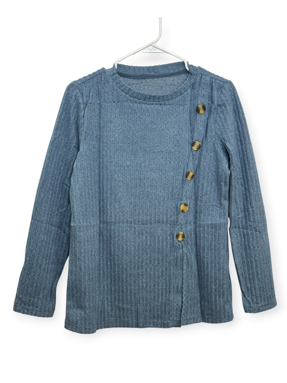 Blue Ribbed Button-Accent Women’s Sweater M